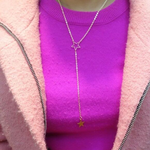 Silver Star Lariat Necklace 18k white gold plated metal T&J Designs minimalist - Picture 2 of 14